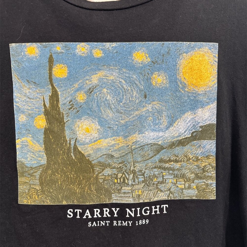 FRENCH PASTRY Starry Night Vincent Van Gogh Cropped Black Graphic Tee Shirt XL - Picture 2 of 6